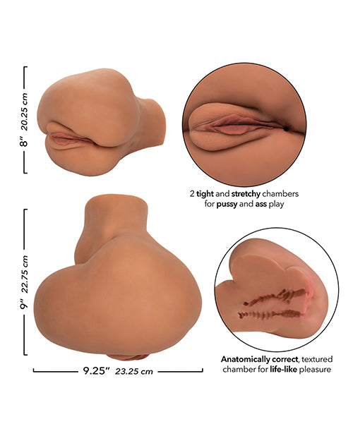 Collage of images showcasing various aspects of the stroker including the 2 tight and stretchy chambers for pussy and ass play and the anatomically-correct, textured chambers for life-like pleasure. | Kinkly Shop