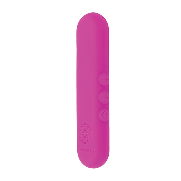 Side view of the flat vibrator showcasing how three buttons to control the toy are located on one of the toy's non-wide sides | Kinkly Shop