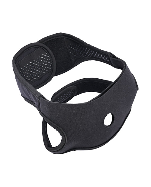 The Pivot In Your Face Strap-On shown in free space, showcasing the internal texturing that helps keep the harness in place as well as the dual-layer of fabric on the front for more durability. | Kinkly Shop