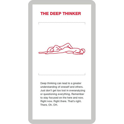 Another example card. This one, titled Deep Thinker, has a sex position illustration and another paragraph of life advice. | Kinkly Shop
