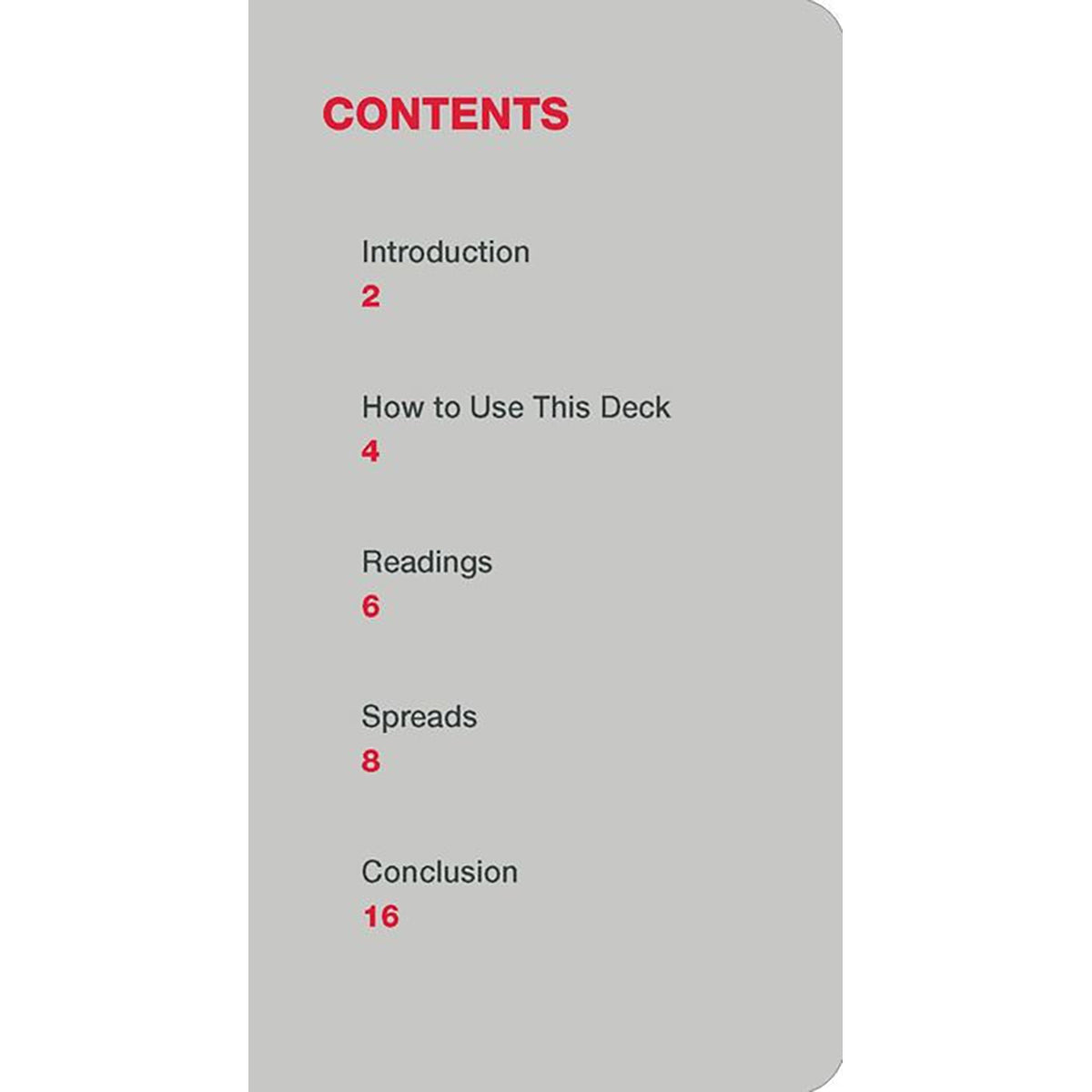 Table of contents for the instruction booklet. There's the Introduction, How to Use This Deck, Readings, Spreads, and Conclusion | Kinkly Shop
