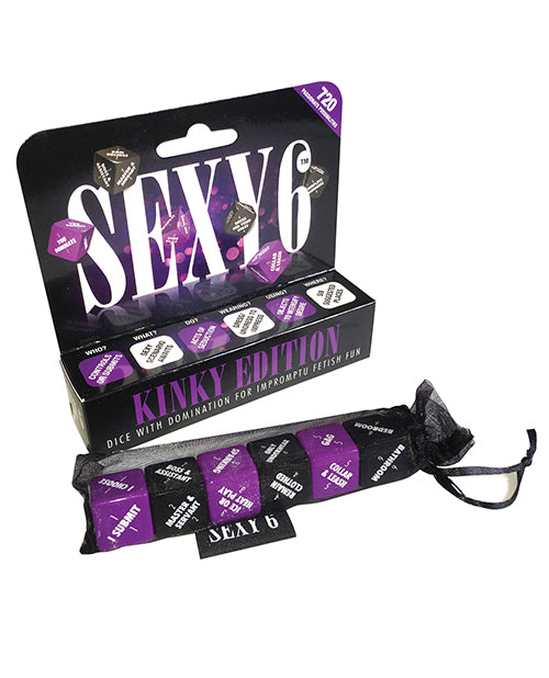 The Sexy 6 Dice Games Kinky die. Some of the words on the die include: I submit, I choose, Master and Servant, Boss and Assitant, Spanking, Ice or Heat Play, Remain Clothed, Collar and Leash, Gag, Bathroom, Bedroom. | Kinkly Shop
