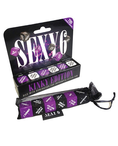 The Sexy 6 Dice Games Kinky die. Some of the words on the die include: I submit, I choose, Master and Servant, Boss and Assitant, Spanking, Ice or Heat Play, Remain Clothed, Collar and Leash, Gag, Bathroom, Bedroom. | Kinkly Shop