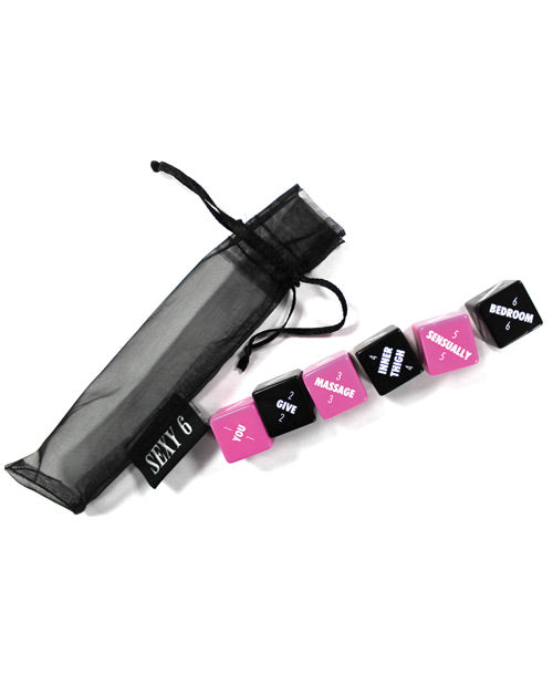 The Sexy 6 Dice Games Foreplay edition die. Some words on them include: You, Give, Massage, Inner Thigh, Sensually, and Bedroom | Kinkly Shop