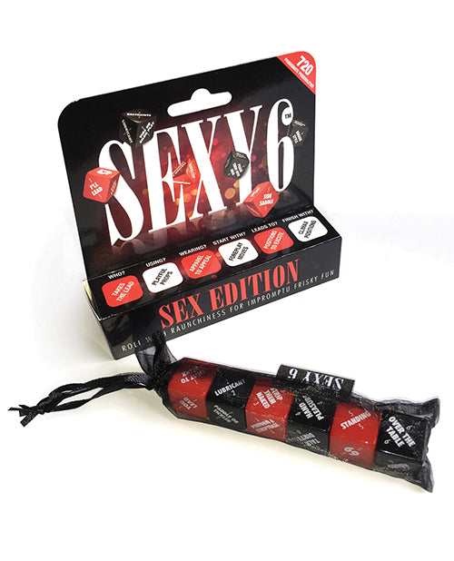 The Sexy 6 Dice Games Sex edition die. Some text on the die include: You lead. Lubricant. Strip Then Naked. Hand Pleasure, Standing, Over the Table. | Kinkly Shop