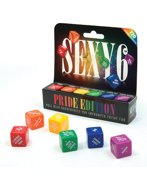 The Sexy 6 Dice Games Pride edition with the die in front of the box. Words on the die include: Who Usually Doesn't, Dildo or Toy Play, Restraints, Please Them with Oral, Grant a Sexy Wish, Spread Eagle, 69, Over the Table | Kinkly Shop