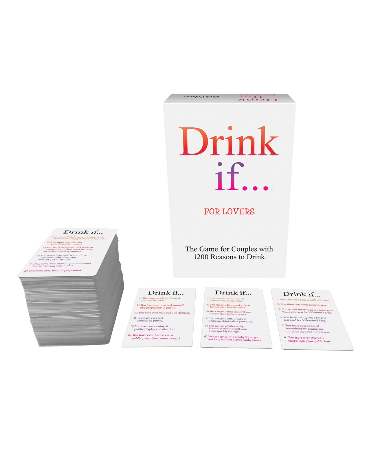 Drink If Card Game for Lovers shown with example cards in front of it | Kinkly Shop