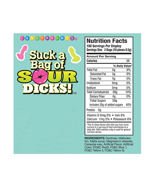 Nutritional information for the Suck a Bag of Dicks - 100 pc Bag in Sour. Basic info is in the product text description | Kinkly Shop