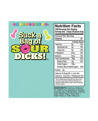 Nutritional information for the Suck a Bag of Dicks - 100 pc Bag in Sour. Basic info is in the product text description | Kinkly Shop
