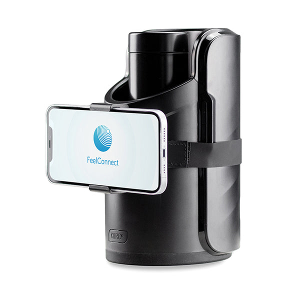 The KIIROO KEON Accessory: Phone Holder shown wrapped around the KEON, showcasing how it holds the phone on top of the KEON for hands-free viewing. | Kinkly Shop
