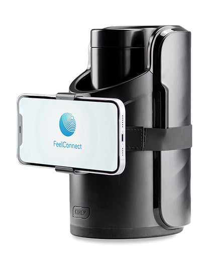 The KIIROO KEON Accessory: Phone Holder shown wrapped around the KEON, showcasing how it holds the phone on top of the KEON for hands-free viewing. | Kinkly Shop