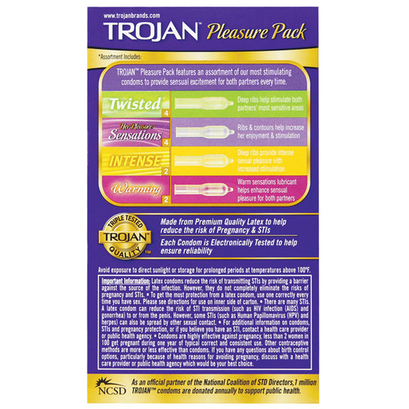 Backside of the Trojan Pleasure Pack packaging | Kinkly Shop
