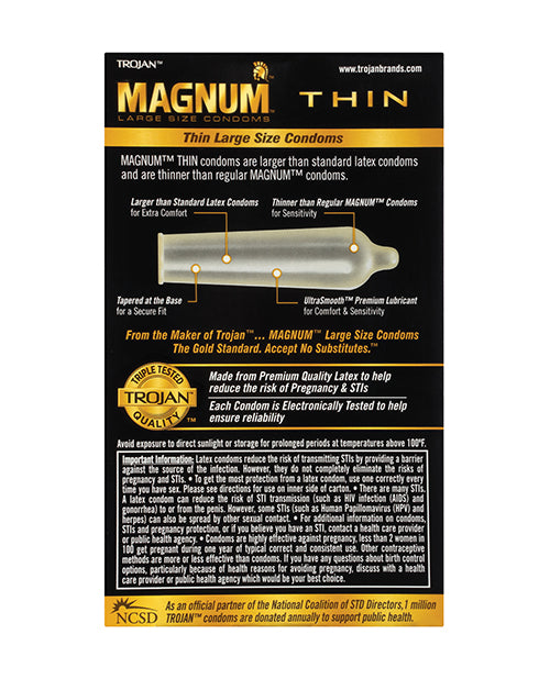 Backside of the Trojan Magnum Thin Condoms packaging | Kinkly Shop