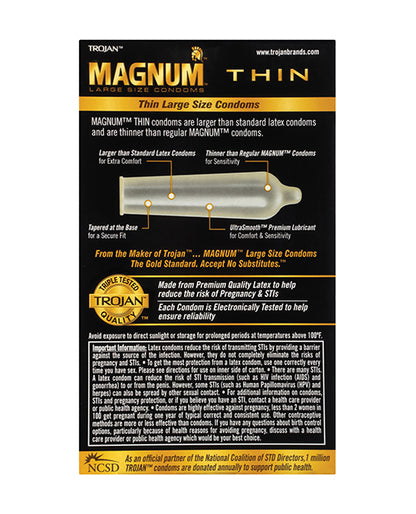 Backside of the Trojan Magnum Thin Condoms packaging | Kinkly Shop