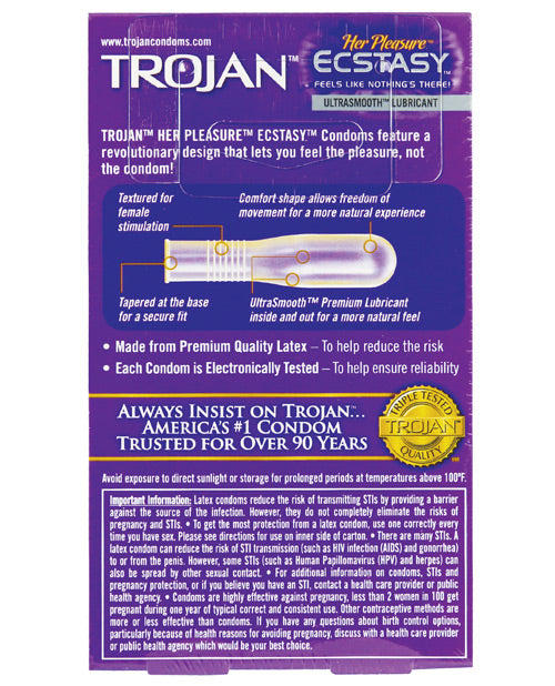 Backside of the packaging of the Trojan Her Pleasure Ecstasy | Kinkly