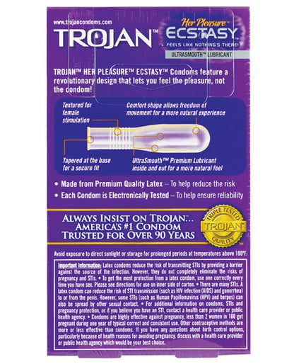 Backside of the packaging of the Trojan Her Pleasure Ecstasy | Kinkly