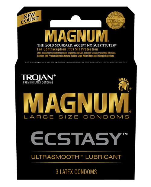 Packaging for the 3 pack of the Trojan Magnum Ecstasy condoms | Kinkly