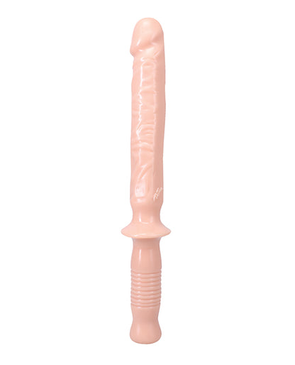 Side view of the Doc Johnson Manhandler, really showcasing the baton-style handle at the base of the dildo. | Kinkly Shop