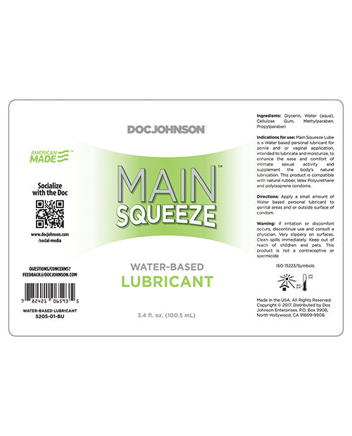 The label for the Main Squeeze Water-Based Lubricant laid out flat, making it easier to read all of the text on the label. | Kinkly