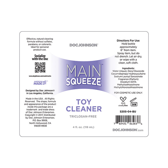 Label for the Main Squeeze - Toy Cleaner laid flat for easier reading. | Kinkly Shop