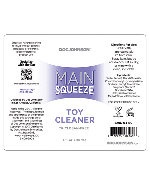 Label for the Main Squeeze - Toy Cleaner laid flat for easier reading. | Kinkly Shop
