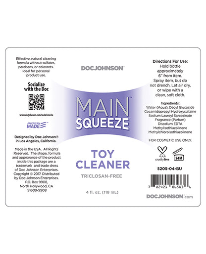 Label for the Main Squeeze - Toy Cleaner laid flat for easier reading. | Kinkly Shop