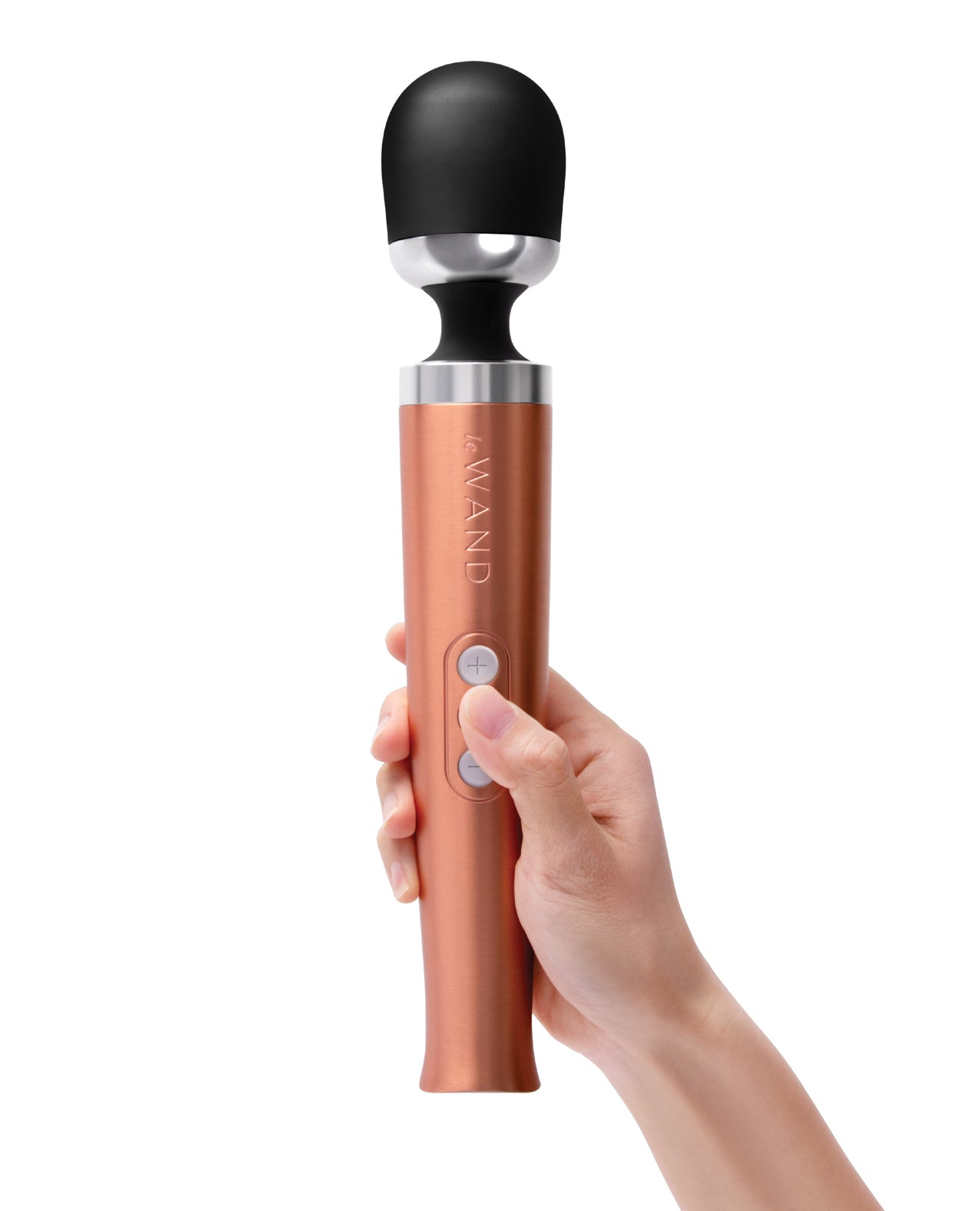 A hand holds the Le Wand Die Cast Rechargeable. The massager is surprisingly short compared to most full-length wand massagers. | Kinkly Shop