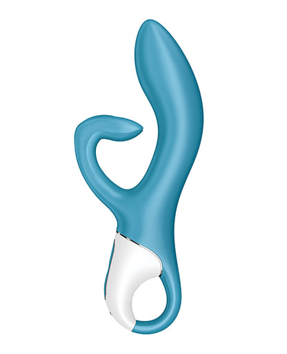 Side view of the Satisfyer Embrace Me. The insertable shaft has a curved g-spot end and the clitoral arm is very bent inwards. | Kinkly Shop