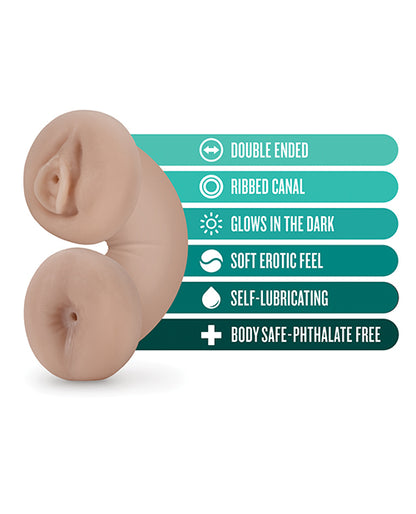 The Blush Double Trouble Glow in the Dark shown next to a text list of features that describe it. Text includes: "Double ended, Ribbed canal, Glows in the Dark, Soft erotic feel, Self-lubricating", and Body Safe Phthalate-free" | Kinkly