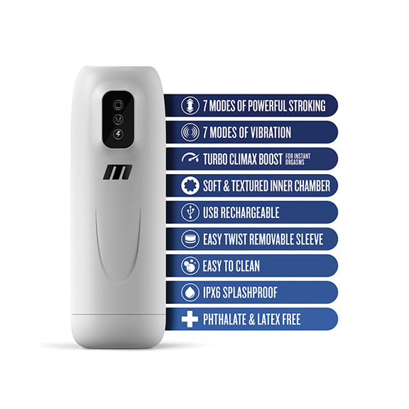 The Blush Robo-Bator shown next to a text list of features. List includes: 7 modes of powerful stroking, 7 modes of vibration, turbo climax boost, soft and textured inner chamber, USB rechargeable, easy twist removable sleeve, easy to clean, IPX6 splashproof, phthalate and latex free | Kinkly