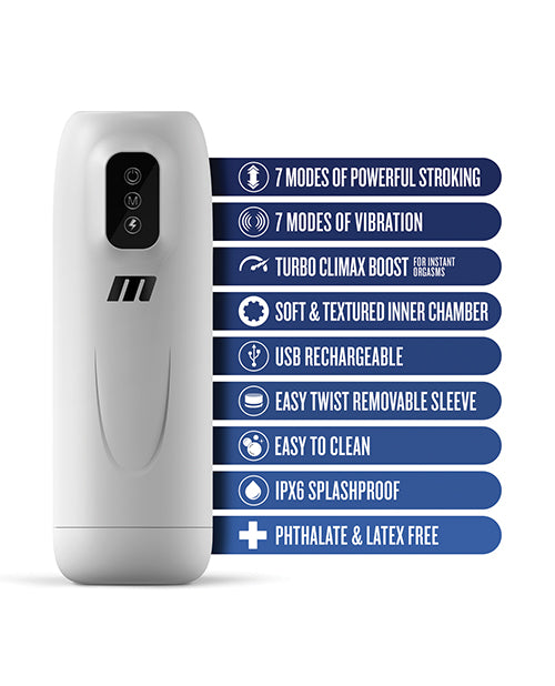 The Blush Robo-Bator shown next to a text list of features. List includes: 7 modes of powerful stroking, 7 modes of vibration, turbo climax boost, soft and textured inner chamber, USB rechargeable, easy twist removable sleeve, easy to clean, IPX6 splashproof, phthalate and latex free | Kinkly