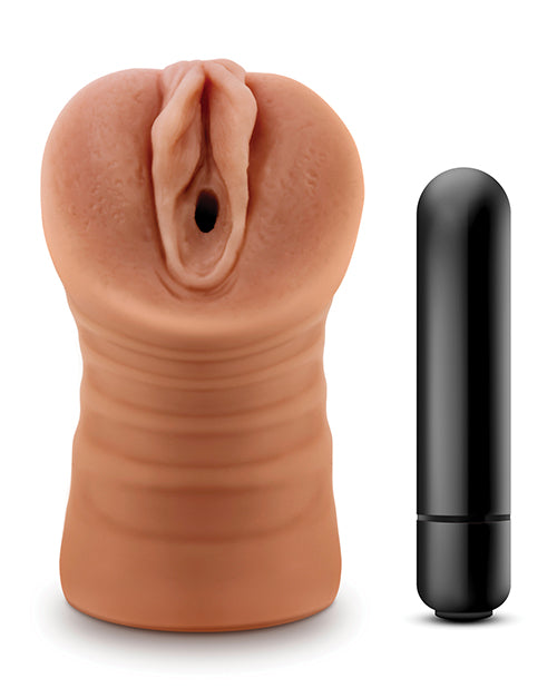 The Blush Julieta stroker shown next to the included vibrating bullet that comes with it. | Kinkly Shop