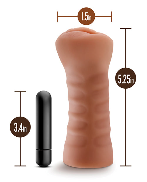 The Sofia with Vibrator with measurements for the stroker superimposed over top of the length of the vibe and the stroker. | Kinkly Shop