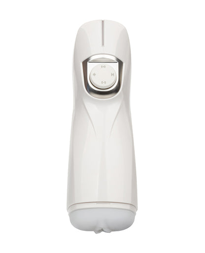 The Optimum Power Lifelike Pulsar in front of a plain white background. There's a circular control panel near the tip of the stroker. | Kinkly Shop