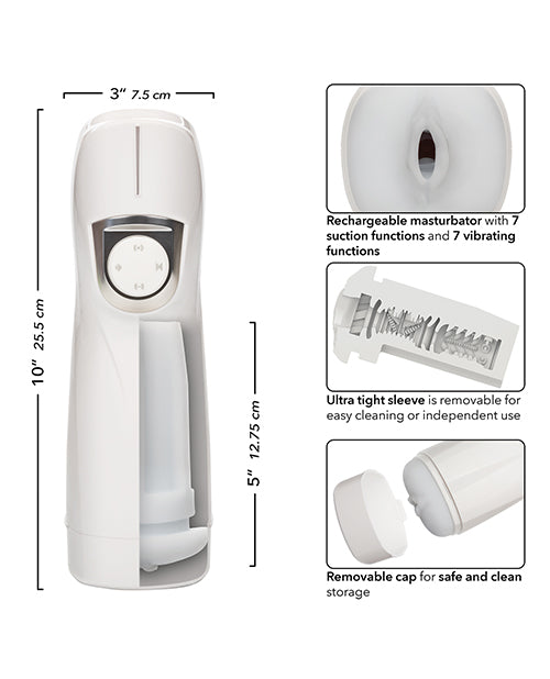 The Optimum Power Lifelike Pulsar shown next to a collage of images that showcase its features. Text reads: Rechargeable with 7 suction and 7 vibrating functions. Ultra tight sleeve is removable for easy cleaning. Removable cap for safe and clean storage. | Kinkly Shop