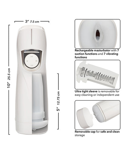 The Optimum Power Lifelike Pulsar shown next to a collage of images that showcase its features. Text reads: Rechargeable with 7 suction and 7 vibrating functions. Ultra tight sleeve is removable for easy cleaning. Removable cap for safe and clean storage. | Kinkly Shop