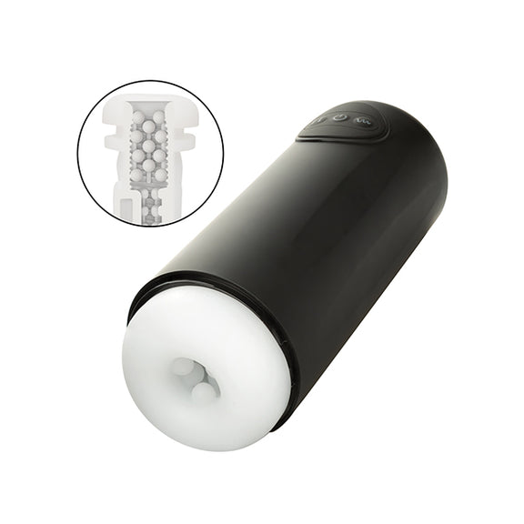 The Optimum Power Vibrating & Thruster Stroker shown next to a cross-section texture of the interior, showcasing the interior nodules that are the texture. | Kinkly Shop