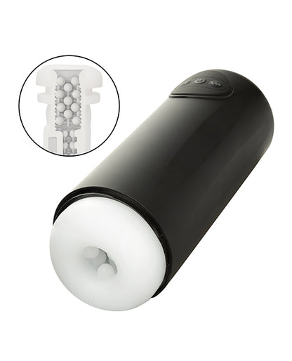 The Optimum Power Vibrating & Thruster Stroker shown next to a cross-section texture of the interior, showcasing the interior nodules that are the texture. | Kinkly Shop