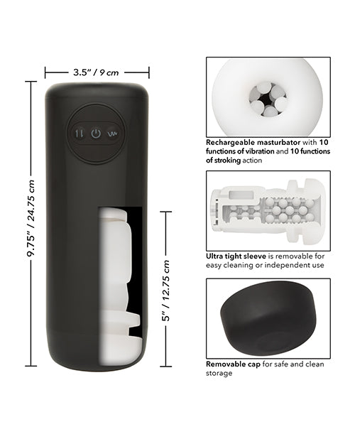 Collage of images showcasing the features of the Optimum Power Vibrating & Thruster Stroker. Text includes: Rechargeable with 10 functions of vibration and stroking. Ultra tight sleeve is removable for easy cleaning. Removable cap for safe and clean storage. | Kinkly Shop