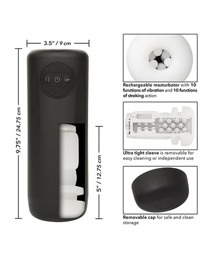 Collage of images showcasing the features of the Optimum Power Vibrating & Thruster Stroker. Text includes: Rechargeable with 10 functions of vibration and stroking. Ultra tight sleeve is removable for easy cleaning. Removable cap for safe and clean storage. | Kinkly Shop