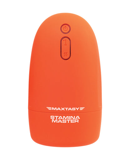 The Maxtasy Stamina Master in front of a plain white background. There are three buttons on the surface of the stroker. | Kinkly Shop