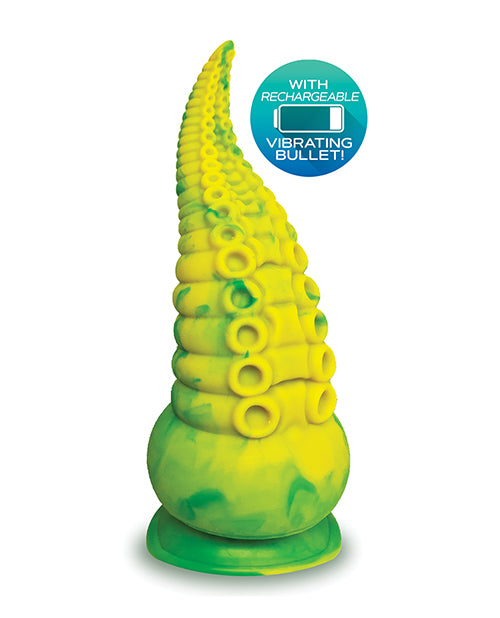 The Alien Nation Octopod in front of a plain white background. A small icon also says "With rechargeable vibrating bullet!" next to the dildo. | Kinkly Shop