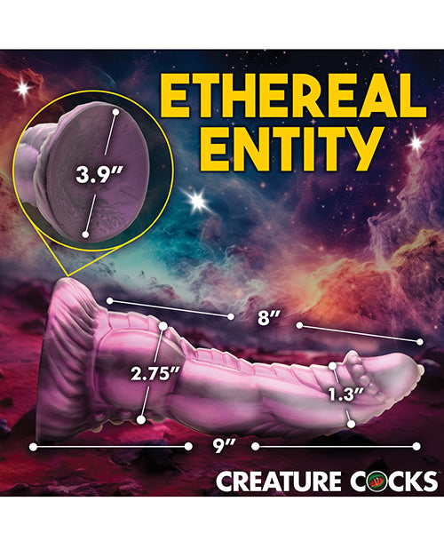 The Creature Cocks Celestial Cock with measurements superimposed overtop of the dildo. All measurements are included within the product text. | Kinkly Shop