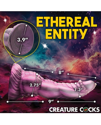 The Creature Cocks Celestial Cock with measurements superimposed overtop of the dildo. All measurements are included within the product text. | Kinkly Shop