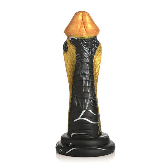 The Creature Cocks Golden Mamba in front of a plain white background. The dildo has a "flare" near the tip of the dildo just like a flared snake. | Kinkly Shop