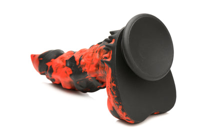 Close up on the base of the Creature Cocks Fire Demon. The dildo has a large suction cup attached to the base for hands-free play. | Kinkly Shop