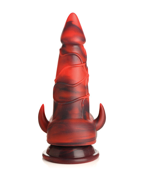 Top-down view of the Creature Cocks Horny Devil. The dildo is very cone-shaped with two devil horns at the base near the testicles. | Kinkly Shop