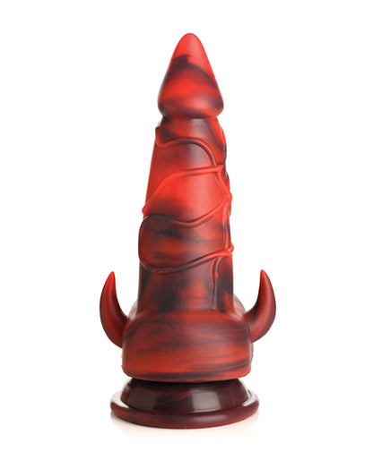 Top-down view of the Creature Cocks Horny Devil. The dildo is very cone-shaped with two devil horns at the base near the testicles. | Kinkly Shop