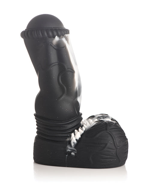 Side view of the Creature Cocks Venom. The black dildo has some light sparkles in it with a equine-like flared head and spiked texture at the balls' base. | Kinkly Shop