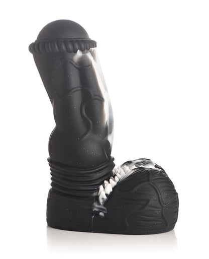 Side view of the Creature Cocks Venom. The black dildo has some light sparkles in it with a equine-like flared head and spiked texture at the balls' base. | Kinkly Shop